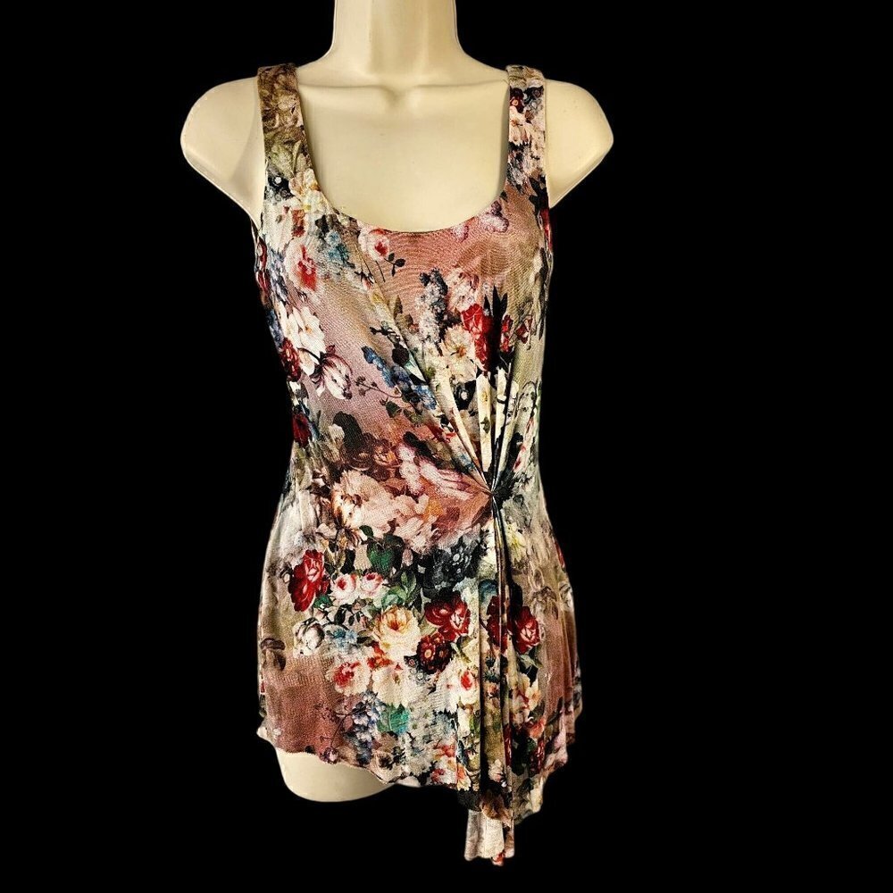 Bailey 44 Asymmetrical Ruched Floral Tank Stretch Rayon Knit Raw Hem Womens XS